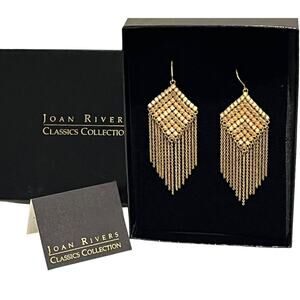 NEW JOAN RIVERS Modern Fringe Leverback EARRINGS Gold Gray Cream 3.5" Dangle BOX